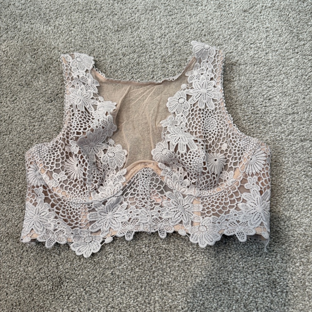 Victoria’s Secret Dream Angels Unlined Bra 34C Nude Cream White Lace High Neck